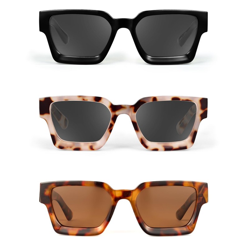 JM 3 Pack Trendy Square Sunglasses for Women Men Retro