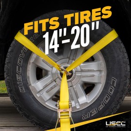 US Cargo Control Side Mount Wheel Nets with Ratchets and Flat Hooks (4-Pack), Lasso Tie Down Straps for Tire Sizes 14 Inches and More, 12,000 LBS Break Strength, Lasso Straps for Car Hauler