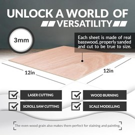 Baltic Birch Basswood Sheets 1/8'', Craft Wood 10 Pack - 12 x 12 x 1/8 Inch - Wooden Sheets 3mm, Plywood Sheet with Smooth Surfaces - Bass Woods for Laser Cutting, Wood Burning, Drawing Architecture