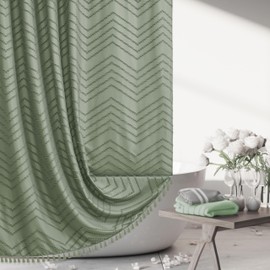 Boho Shower Curtain with Tassel Woven Fabric Sage Green Shower Curtain 72 x 72 Modern Farmhouse Textured Tufted Chevron Striped Minimalist Bathroom Shower Curtain