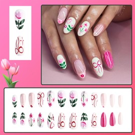 LBPEPAMZ 24Pcs Flower Press on Nails Medium Almond Fake Nails with Bow Stripe Design Pink French Tip Acrylic Nails False Nails White Pink Nude Full Cover Glossy Glue on Nails for Women Manicure Decor