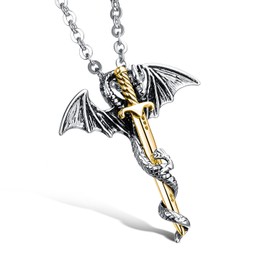 VersaKits Pendant Necklace for Men Stainless Steel Dragon Wrapped Gold Sword Pendant with O-Link Chain