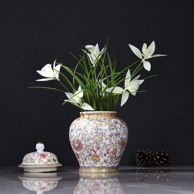 Enamel Ginger Jar with Lid 7.72"H,Handmade Chinoiserie Ginger Jar, Ceramic