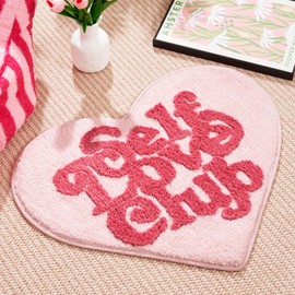 ELDONE Self Love Club Rug Heart Shaped - 37"x29" Cute Bath Mat Non Slip, Funky Aesthetic Groovy Small Accent Rugs for Bedroom Bathroom, Girls Preppy Room Decor, Pink Heart Rug