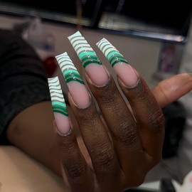 Long Curved Press on Nails Green Waves French Tip Fake Nails Square False Nails with Curved Nail Tips Designs Extra Long Nail Press ons Sparkly Artificial Nails Cute Stick on Nails for Women 20Pcs