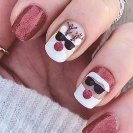 24Pcs Christmas Press on Nails Short Square Fake Nails Santa Claus Elk Acrylic Nails Red Xmas Stick on Nails Cute False Nails Full Cover Artificial Nails Winter Glue on Nails for Women Manicure DIY