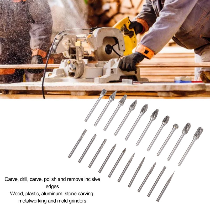 20Pcs Tungsten Carbide Carving Bits Double Cut Rotary Burr Set