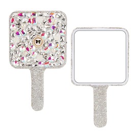 AUEAR, Rhinestone Handheld Mirror Bling Glitter Cosmetic Dazzling Portable Hand Mirrors with Handle for Women White Square