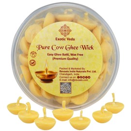EXOTIC VEDA Cow Ghee Batti Cotton Wick - Organic, Handcrafted, Non-Toxic, Puja Items | Ghee Wicks for Pooja | Long-Lasting, Aromatic Ghee Diya Wicks for Pooja | Eco-Conscious, Clean-Burning Pack of 50