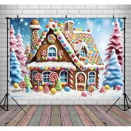 Christmas Gingerbread House Photography Backdrop Lollipop Snowflake Merry Xmas Tree Background Winter Party Decorations Candyland Background New Year Decorations Photo Banner Props (5X3FT)