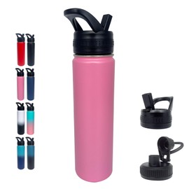 1pack 22 oz Insulated Water Bottle With Straw, Stainless Steel Sports Water Cup Flask with 2 Lids, Wide Mouth Travel Thermal Mug,Pink