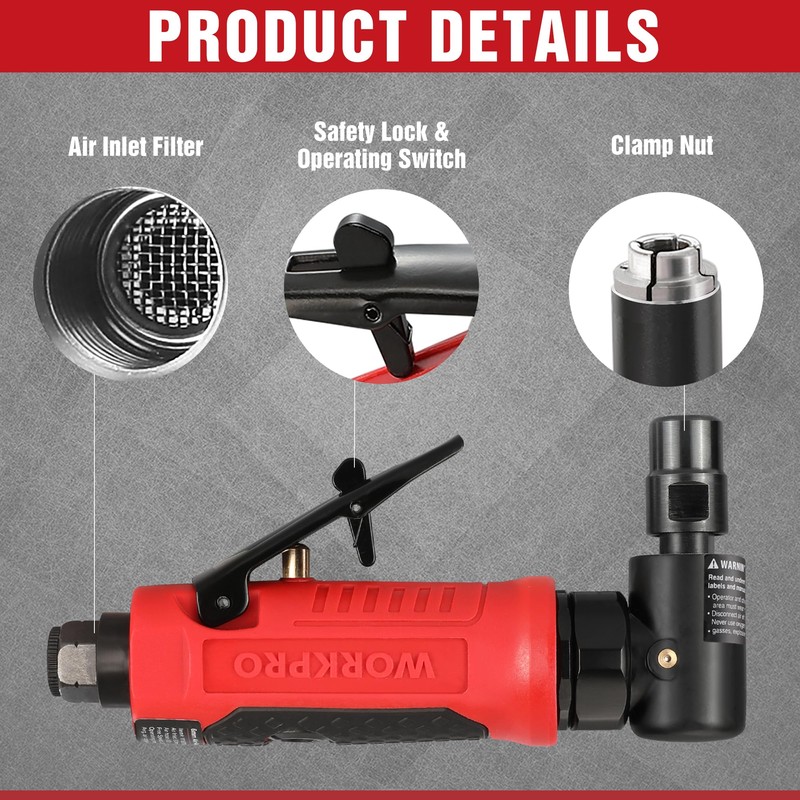 WORKPRO Compressed Air Rod Grinder 90° Angle Grinder 1/4 Inch