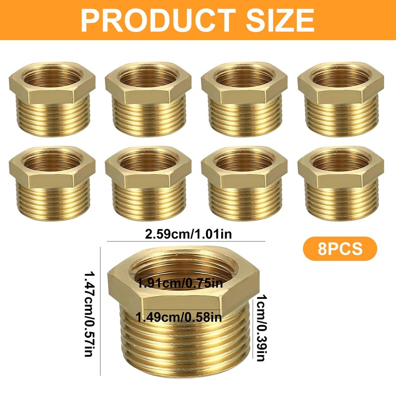Pack of 8 Reducer 3/4 to 1/2 Brass Reducer Thread