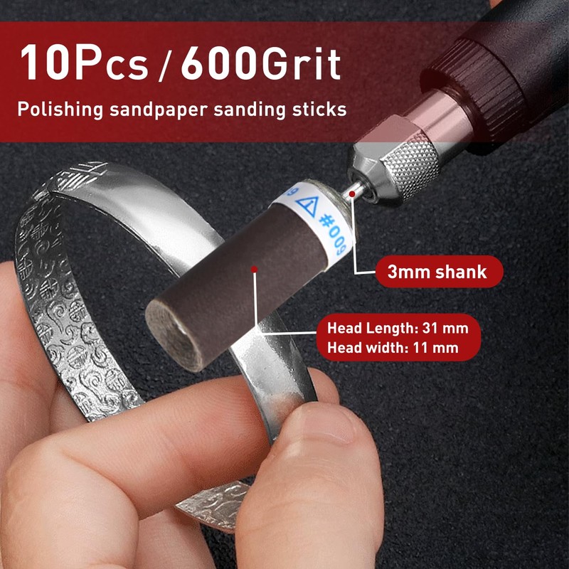 10Pcs 600 Grit Sanding Drums Sandpaper Sticks Set with 1/8"(3mm)