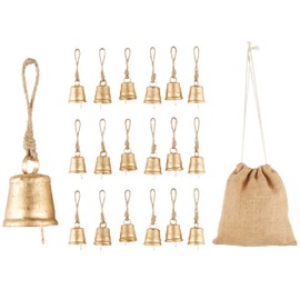 Deco 79 Metal Indoor Outdoor Decorative Bells Vintage Rustic Meditation Bell with Brown Jute Rope and Canvas Drawstring Tote, Set of 18 Cow Bell8 2" W, 3" H, Gold