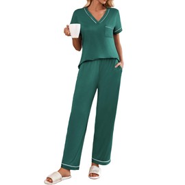 Ekouaer Women's Pajama Sets Short Sleeve V Neck Sleepwear Nightwear Soft Pjs Lounge Sets with Pocket Evergreen, Medium