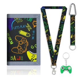 Alriedy Children's Neck Pouch, Purse with Gamepad, Compact Triple Foldable Purse with Zip and Neck Strap for Girls and Boys (Black)