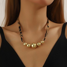 Leopard Print Silk Scarf Choker Necklace for Women Charm Gold Chunky Heart Bowknot Necklace Double-Layered Pearl Beaded Necklace Boho Beach Multiple Pendant Wafer Clavicle Necklaces Jewelry (Brown - Beaded)