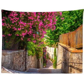 Loccor Cannes Old Town Street Tapestry Stone Street Decorated with Pink Flowers Spring Natural Scenery Wall Hanging for Travel Party Decorations Home Living Room Decor 70''x47''