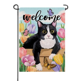 Artofy Welcome Spring Summer Tuxedo Cat Small Decorative Garden Flag, Tulip Flower Butterfly Yard Lawn Outside Decor Pet Lover Gift, Seasonal Floral Burlap Outdoor Home Decoration Double Sided 12 x 18