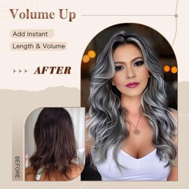 Dark Gray Highlight Wigs for Women Long Layered Wavy Wig with Curtain Bangs Synthetic Wig Black Mixd Dark Grey Highlight Curly Butterfly Shaggy Grey Layered Hair for Women Daily Party Use 24Inch