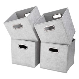 i BKGOO Cloth Storage Bins Set of 4 Thick Fabric Drawers Foldable Cubes Basket Organizer Container with Dual Metal Handles for Shelf Cabinet Bookcase Boxes Grey-White 10.5x10.5x11 inch
