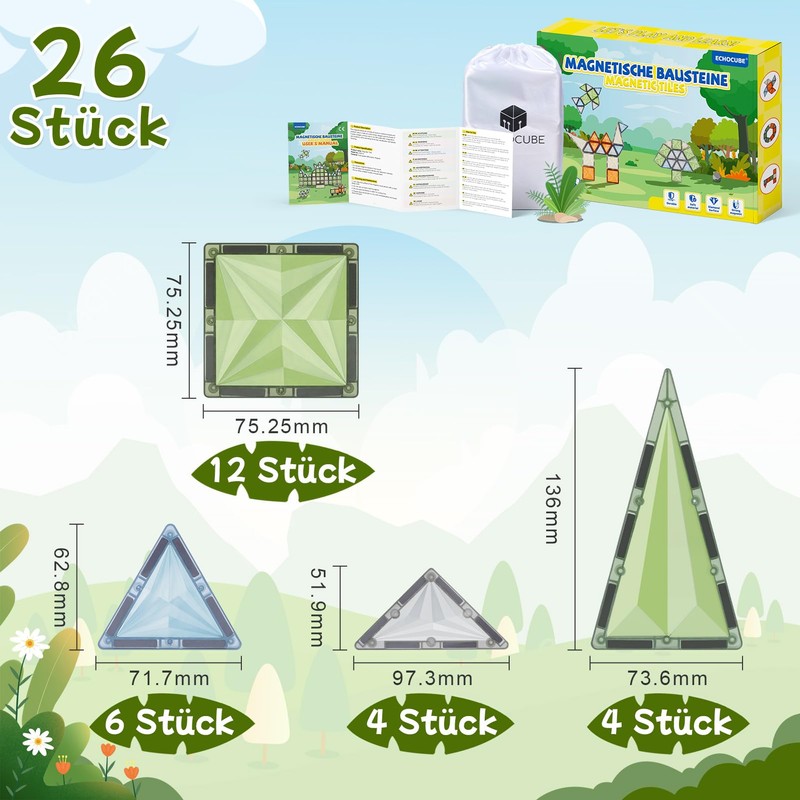 ECHOCUBE Magnetic Tiles Set, 26 Stück magnetische Bauklötze für Kinder,