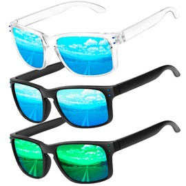 Joopin Sunglasses for Men, Polarized Lightweight Sun Glasses UV Protection Mens and Womens Shades for Driving Fishing Golf 3 Packs (Transparent Blue/Blue/Red)