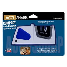 AccuSharp Compact Pull-Through 2-Stage Knife Sharpener, Repairs & Restores Kitchen Knives, Hunting Knives, Straight or Serrated Blades, Diamond-Honed Tungsten Carbide, Fine Ceramic Rods, White/Blue