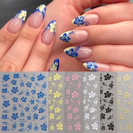 6 Sheets Flower Nail Stickers, Hibiscus 3D Self-Adhesive Nail Decals Blue Yellow White Pink Gold Floral Petal Tropical Leaf Designs DIY Manicure Supplies for Women Girls