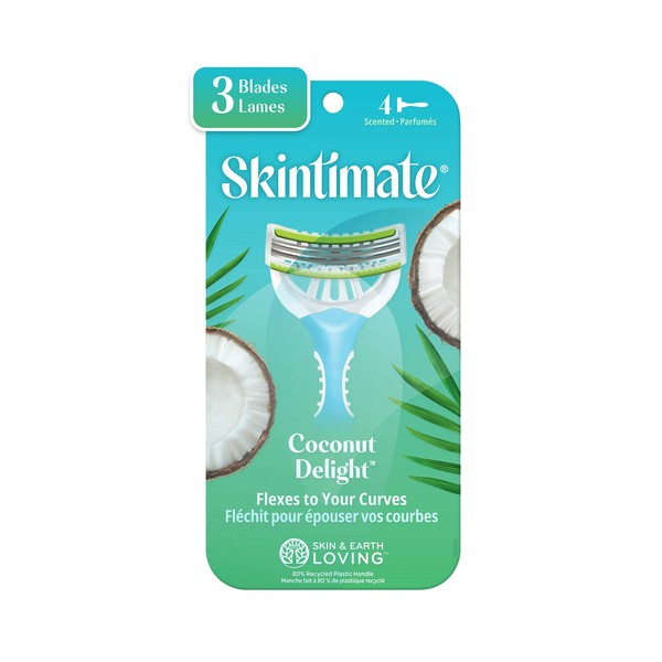 Skintimate Coconut Delight 3 Blade Disposable Razor For Women, 4 Count (Pack of 3)