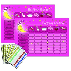 kids2learn Children's Bedtime Routine Chart Reward Chart for Sleep Training Twin Pack (2 x PINK) for boys girls toddlers With 270 Star Reward Stickers Included