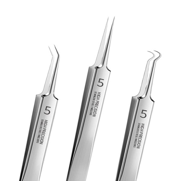 Professional Facial Blackhead Remover Tweezers,3Pcs Precision Pimple Popper Tool Kit for Whitehead Ance Blemishs Comedones Stainless Steel Makeup Tool - Glossy