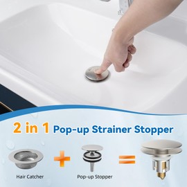 iFealClear Universal Bathroom Sink Stopper, Metal Pop Up Sink Drain Strainer with Hair Catcher Basket, Fit 1.1"-2.3" US Basin, Wash Basin Drain Plug, Big Cover Cap, Brass Bounce Core, Brushed Nickel