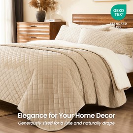 L'AGRATY Velvet Quilt King Size: 3-Piece Reversible Luxury Velvet Bedding Comforter Set - Lightweight Oversized Quilted Bedspread Coverlet with 2 Pillow Sham for All Season - Light Taupe Quilt