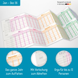Häfft® Holiday Planner 2026 Employee Foldable/Folded - A4 for Filing (Unfolded 89 x 29 cm) for 12 People or Projects "Rainbow" - Sustainable and Climate Friendly