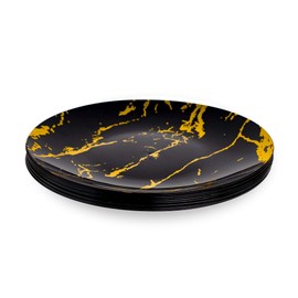 Pack of 10 Black and Gold Hard Plastic Reusable Plates ~ Marble Design Sturdy Plastic Dinnerware-Ideal for Weddings and Parties. (9")