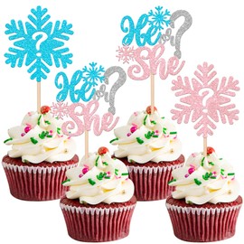 24 piezas de copos de nieve revelan el género para magdalenas con purpurina para niños o niñas, copos de nieve, decoraciones para pasteles de él o ella para baby shower, revelación de género para niños y niñas, suministros para fiesta de cumpleaños