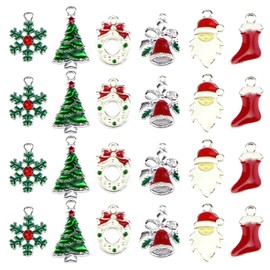 24 Pcs Christmas Assorted Enamel Charm Pendant Xmas Tree Snowflake Bell Garland Christmas Stockings Santa Dangle Pendants for Necklace Bracelet Earring Anklet DIY Jewelry Making Crafting Accessories