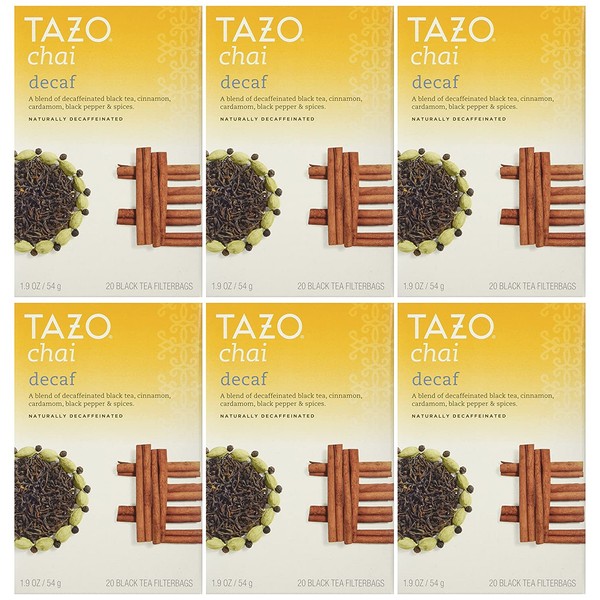 Tazo Decaf Chai, Spiced Black Tea, 20-Count Tea Bags (Pack of 6)