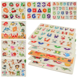 Scienraise 6PCS Wooden Peg Puzzle Toys for Toddlers, Toddler Puzzles Set for Age 2 3 4 5 Years Old, Educational Learning Sensory Toy, Dinosaur Ocean Alphabet Number Shape Animal Fruit Puzzles