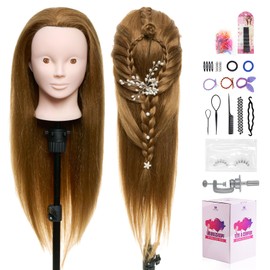 Neverland Beauty & Health 24'' 50% Real Human Hair Mannequin Head Make-upable Hairdressing Training Head with Table Clamp Braid Set (Brown)