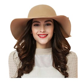 ASSQI Women's Foldable Wide Brim Beach Retro Fedora Floppy Wool Felt Hat Beige