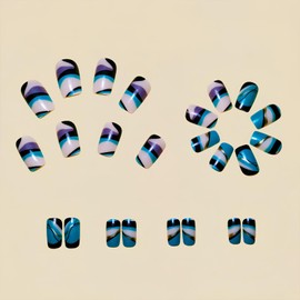 Medium Press on Nails Square Fake Nails Glossy Gradient False Nails Green Black Acrylic Nails with Stripe Pattern Designs Full Cover Stick on Nails Glue on Nails for Women Girls 24Pcs