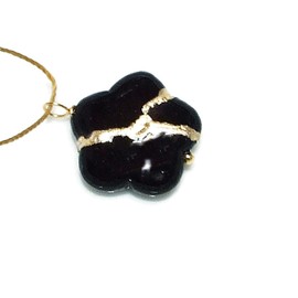 Kintsugi 20mm Black Howlite Broken Sakura Blossom Mended with 23k Gold, Cord Necklace