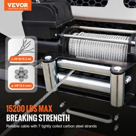 VEVOR Galvanized Steel Winch Cable, 3/8 Inch x 50 Feet 15,200 lbs Breaking Strength, Wire Winch Rope with Swivel Hook, Towing Cable Heavy Duty, Universal Fit for SUV, Large Off-Road Vehicle, Truck
