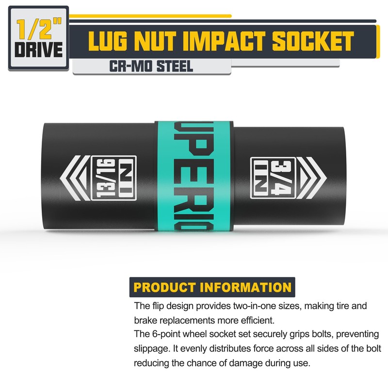 Aiourx 1/2" Drive Lug Nut Impact Socket, 3/4" x 13/16"