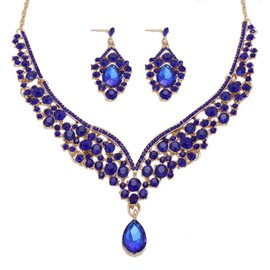 Qlavoca Women Fashion Jewelry Set Crystal Bridal Statement Necklace Teardrop Pendant Necklace Cluster Dangle Earring (Roylal Blue)