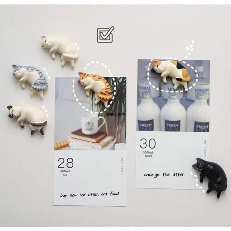 Cat Fridge Magnets, 6 Lying Cat Fridge Magnets, Mini Kawaii