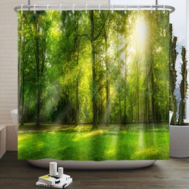 Leowefowa Green Forest Shower Curtain Summer Nature Landscape Mist Pine Tree Sunshine Curtains for Bathroom Spring Sunrise Woodland Home Bath Decor Fabric Waterproof Durable 72x72 inch